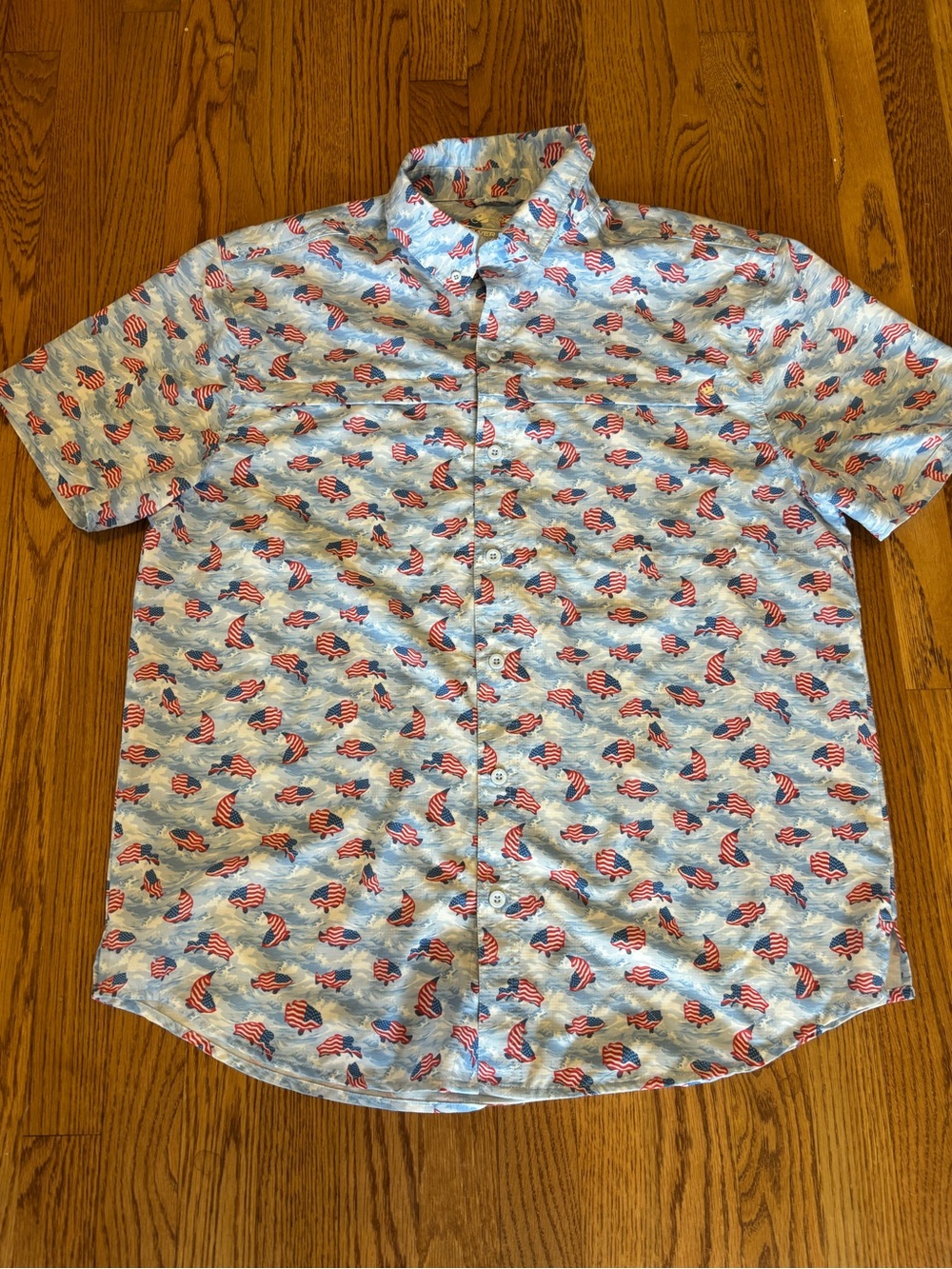 Silver Bait Men’s XL Button Down Patriotic Fishing Shirt Red White Blue USA